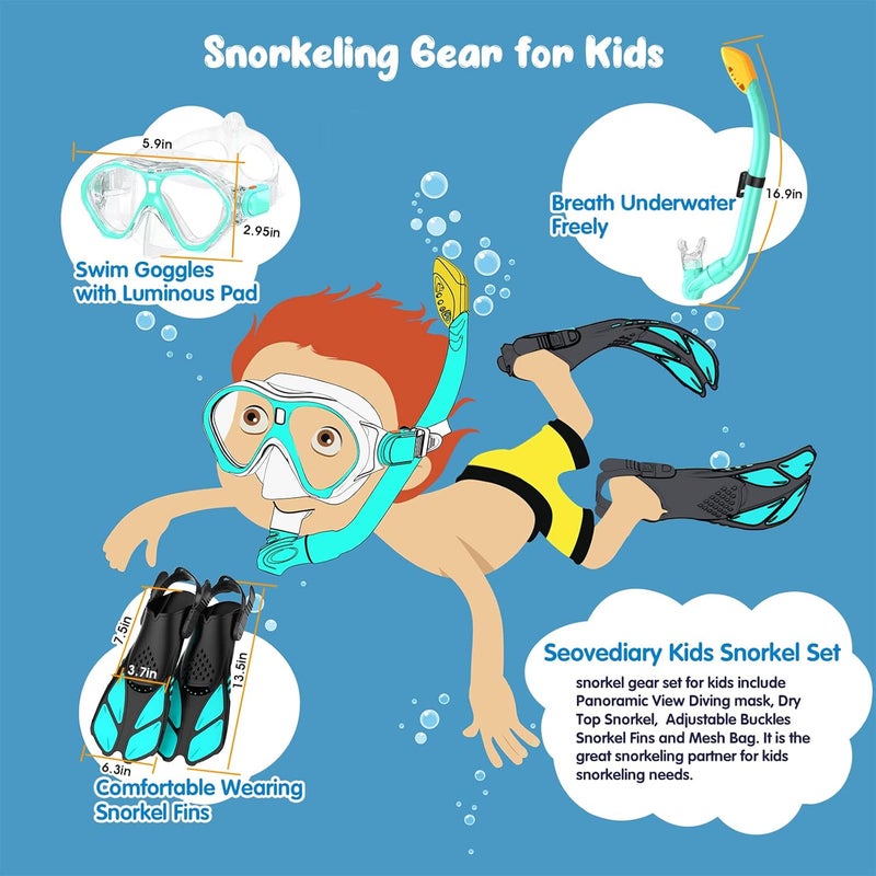 Seovediary Kids Snorkel Set, Mask Fins Snorkeling Gear for Kids Anti-Fog Swim Goggles 180 Panoramic View Dry Top Snorkel and Dive Flippers Combo with Travel Bag for Snorkeling Training Swimming Diving - Image 4